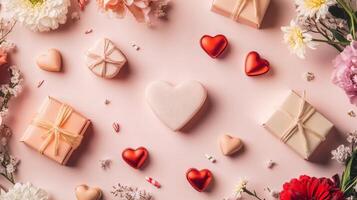 A Valentine's flat lay with flowers and small heart-shaped gift boxes in soft tones, leaving room for copy space in the middle photo