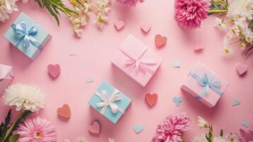 Flat lay of pastel colored flowers and Valentine's gift boxes on a pink table, minimalist design with copy space photo