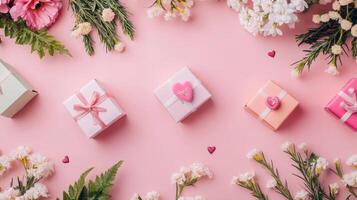 Flat lay of pastel colored flowers and Valentine's gift boxes on a pink table, minimalist design with copy space photo