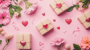 Flat lay of pastel colored flowers and Valentine's gift boxes on a pink table, minimalist design with copy space photo