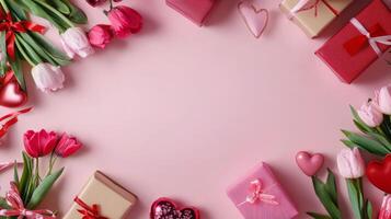 Flat lay of Valentine's gifts and flowers along the edges of a pink table, creating a balanced composition with blank space photo