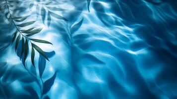 Abstract aqua wave patterns with blurred tropical leaf shadows swaying on a deep blue water texture photo