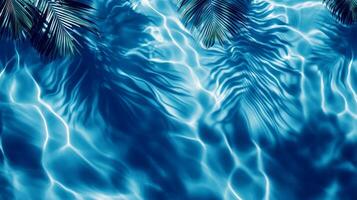 Abstract aqua wave patterns with blurred tropical leaf shadows swaying on a deep blue water texture photo