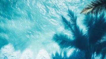 Abstract top view of turquoise waves with sharp tropical leaf shadows dancing on the blue background photo