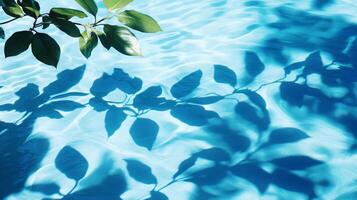 Blue water rippling with the movement of aqua waves, tropical leaves' shadows gracefully falling on the surface photo
