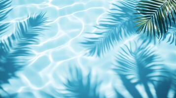 Dynamic water pool texture with soft wave ripples and overlapping tropical leaf shadows against a blue background photo