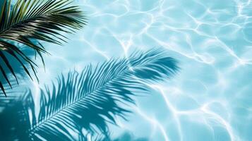 Smooth waves with a palm leaf shadow, creating a tranquil tropical atmosphere on a clear blue pool surface photo
