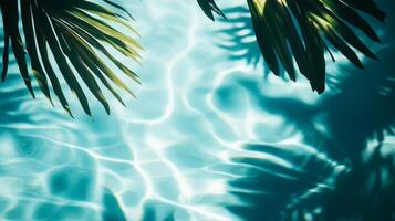 Sunlight filtering through tropical leaves, their shadows falling on soft aqua waves against a blue pool backdrop photo