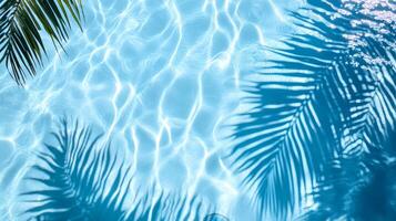 Top view of a crystal blue pool, with layered shadows of tropical foliage on the gentle wave texture photo