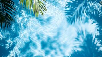 Top view of a crystal blue pool, with layered shadows of tropical foliage on the gentle wave texture photo