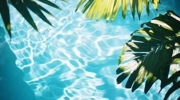 Sunlight filtering through tropical leaves, their shadows falling on soft aqua waves against a blue pool backdrop photo