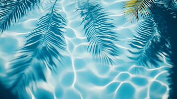 A close-up of water ripples in a pool with palm leaves' shadows creating intricate patterns on the blue surface photo