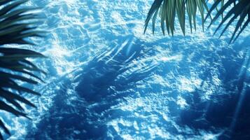 A dynamic water texture of blue waves, with sharp tropical leaf shadows enhancing the visual effect photo