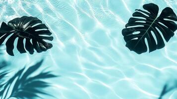 A playful combination of aqua waves and dark tropical leaf shadows contrasting against a light blue pool backdrop photo