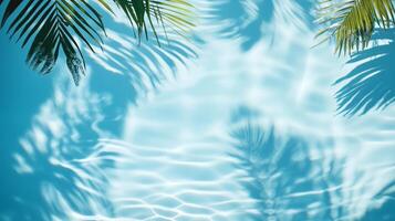 A soft ripple effect in the pool water, with tropical leaf shadows creating depth on the blue background photo