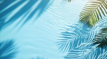 A soft ripple effect in the pool water, with tropical leaf shadows creating depth on the blue background photo