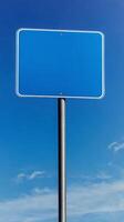 Plain blue road sign mounted high on a metal pole, no text, mockup for custom message photo