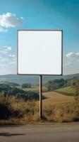 Plain rectangular road sign standing in a rural landscape, blank for custom text photo