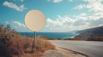 Plain round traffic sign placed along a coastal road, with no text, ready for mockup photo