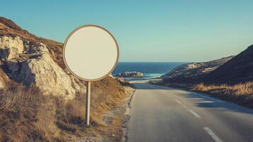 Plain round traffic sign placed along a coastal road, with no text, ready for mockup photo