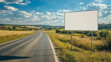 Top view of a blank road sign placed on the side of a rural road, with clear space for text photo