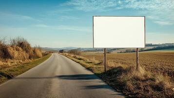Top view of a blank road sign placed on the side of a rural road, with clear space for text photo