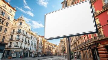 A blank road sign on a street corner with buildings in the background, ideal for custom text or advertising photo