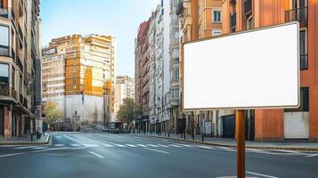 A blank road sign on a street corner with buildings in the background, ideal for custom text or advertising photo