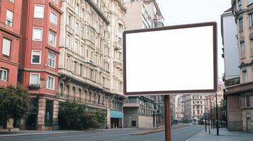 A blank road sign on a street corner with buildings in the background, ideal for custom text or advertising photo