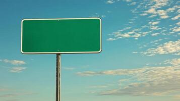 A plain green highway sign on a metal post, positioned against a wide-open sky for custom text photo