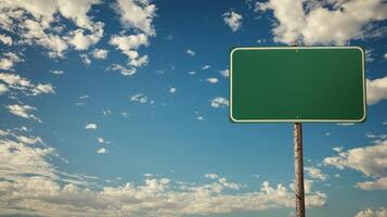 A plain green highway sign on a metal post, positioned against a wide-open sky for custom text photo