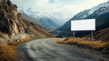 A plain rectangular road sign positioned on a mountain road, no text, with space for mockup or custom content photo