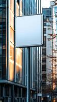 A plain road sign mounted on a pole in the city, against an urban background, with no text photo