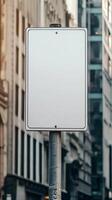 A plain road sign mounted on a pole in the city, against an urban background, with no text photo