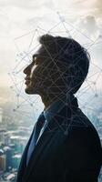 A side view of a businessperson, overlaid with a network of interconnected lines symbolizing global connectivity photo