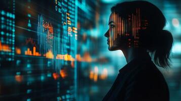 A thoughtful businessperson gazing forward, with abstract financial graphs and a stock market ticker projected onto their figure photo