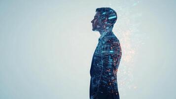 A standing businessman with images of futuristic technology and digital data blending into his profile photo