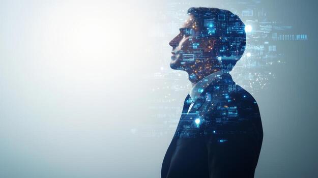 A standing businessman with images of futuristic technology and digital data blending into his profile photo