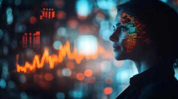 A thoughtful businessperson gazing forward, with abstract financial graphs and a stock market ticker projected onto their figure photo