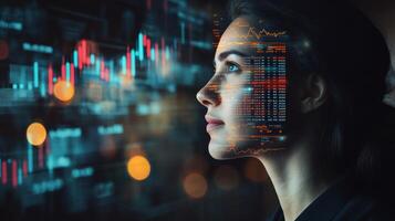 A thoughtful businessperson gazing forward, with abstract financial graphs and a stock market ticker projected onto their figure photo