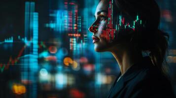 A thoughtful businessperson gazing forward, with abstract financial graphs and a stock market ticker projected onto their figure photo