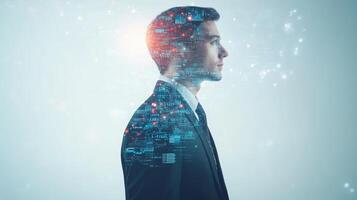 A standing businessman with images of futuristic technology and digital data blending into his profile photo