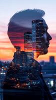 A vertical double exposure of a businessman with his profile blended with a city skyline at sunset photo