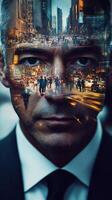 Close-up of a businessman's face, with images of busy streets and people in motion blended into his features photo