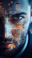 Close up of a businessman face, with skyscrapers and urban lights blended into his facial features photo