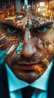 Close-up of a businessman's face, with images of busy streets and people in motion blended into his features photo
