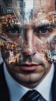 Close-up of a businessman's face, with images of busy streets and people in motion blended into his features photo