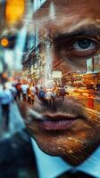 Close-up of a businessman's face, with images of busy streets and people in motion blended into his features photo
