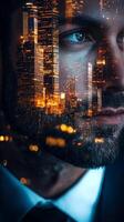Close up of a businessman face, with skyscrapers and urban lights blended into his facial features photo