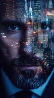 Close up of a businessman face, with skyscrapers and urban lights blended into his facial features photo